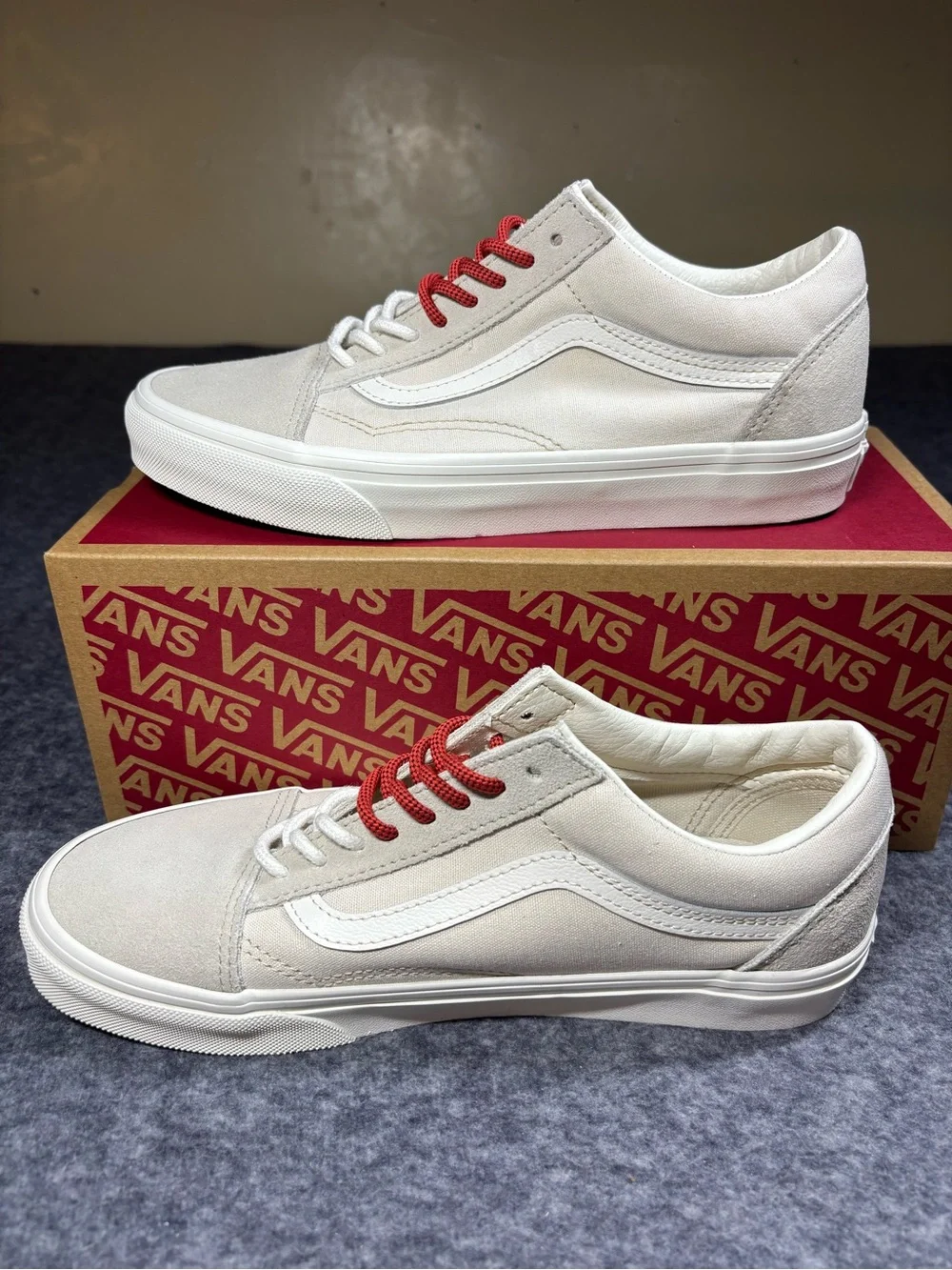 New Vans Old Skool Sneakers in White with Red Laces